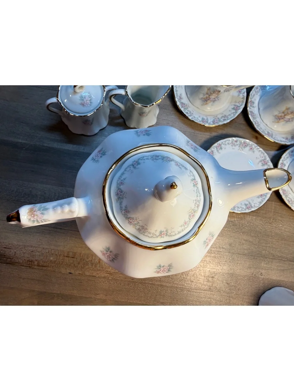 Touch of Cajun Cherub Floral Tea Set 6 Cups Saucers Teapot Sugar Bowl Creamer